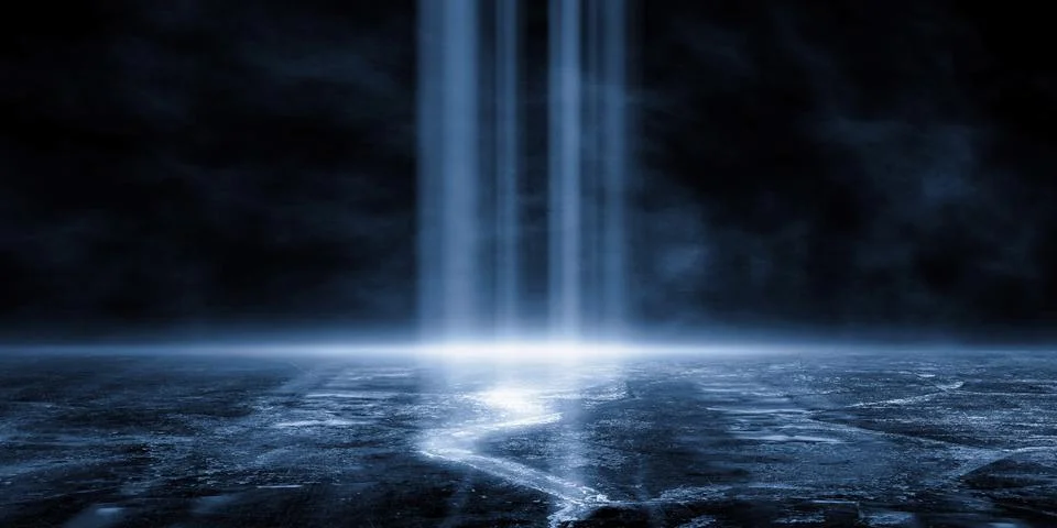 3D rendering old wet asphalt, reflection of neon lights, a searchlight, smoke Stock Illustration
