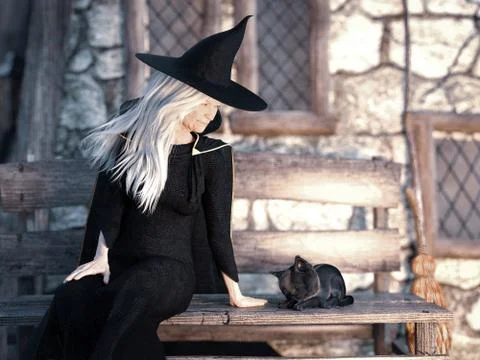 3D rendering of old witch with black cat on a bench. Stock Illustration