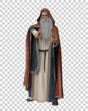 3D rendering of an old wizard in long robes and hooded cloak isolated on tran Stock Illustration