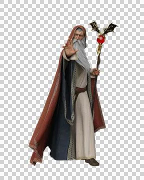 3D rendering of an old wizard in robes and hooded cloak, holding a magical st Stock Illustration