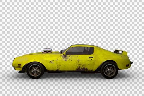 3D rendering of an old yellow retro American muscle car isolated on a transpa Stock Illustration