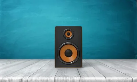 3d rendering of a one black speaker box with orange trim standing on a wooden Stock Illustration