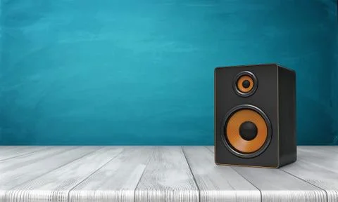 3d rendering of a one black speaker box with orange trim standing on a wooden Stock Illustration