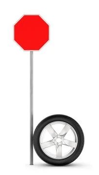 3d rendering of one car chrome wheel standing on its rim beside a blank red road Stock Illustration