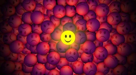 3D rendering one cheerful glowing smiley among many sad smileys Stock Illustration