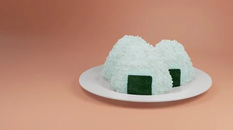 3D Rendering Onigiri Rice Ball On White Plate 3D Illustration Background Stock Illustration