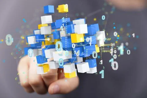 A 3d rendering of online data infrastructure concept with abstract scheme bac Stockfoto's