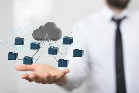 A 3d rendering of online data infrastructure concept with computer folders co 写真素材