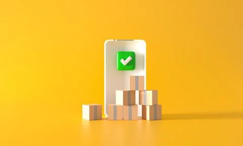 3d rendering Online good parcel Finished delivery. boxes on smartphone Illustrazione stock