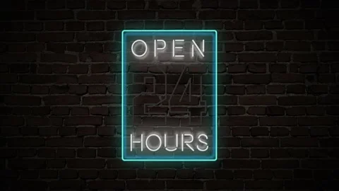 3D Rendering Open 24 Hours Neon Sign with a Brick Wall Background 库存影片 131137740