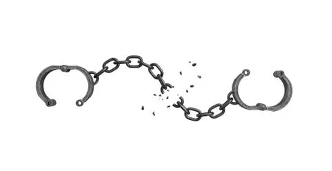 3d rendering of open arm shackles hanging on white background with a broken Stock-Illustration