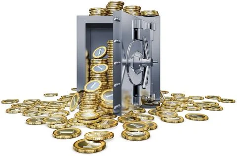 3D rendering of a open bank vault and coins Ilustración de archivo