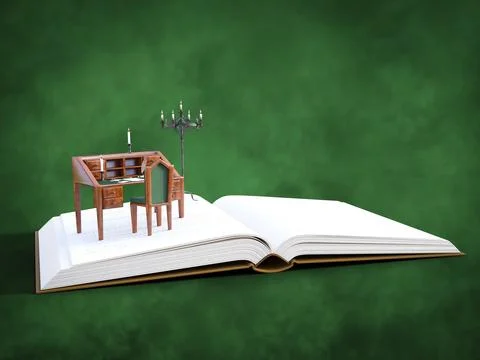 3D rendering of an open book with storytime writing corner. Stock Illustration