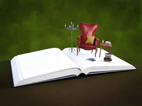 3D rendering of an open book with storytime reading corner. Stock Illustration