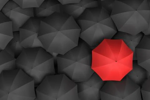 3d rendering of open bright red umbrella towering over an endless amount of Stock Illustration