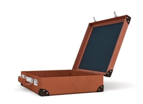 3d rendering of an open brown retro suitcase revealed to hold nothing. Illustration