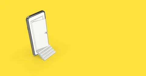 3D Rendering Open Door from Smart Phone Screen with Stairs on Colored Background Stock Footage 126371457