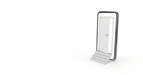 3D Rendering Open Door from Smart Phone Screen with Stairs Stock Footage 126371459