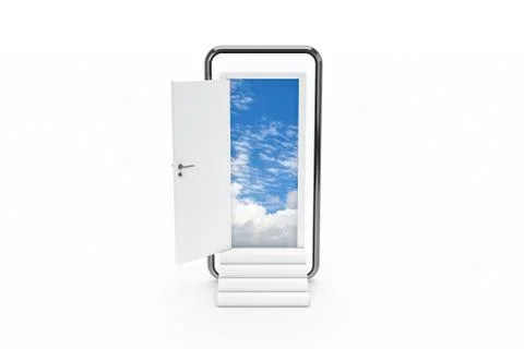 3D Rendering Open Door from Smart Phone Screen to Cloudy Sky with Stairs Stock Photos