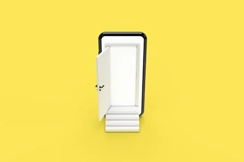 3D Rendering Open Door from Smart Phone Screen with Stairs on Colored Backgro Stock Photos