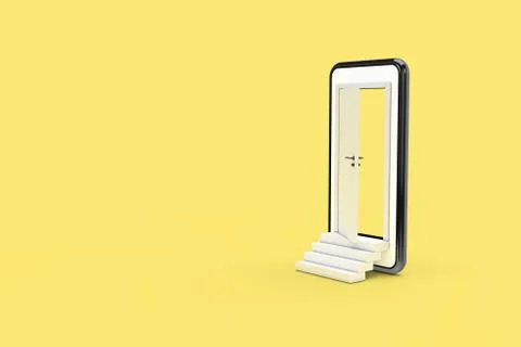3D Rendering Open Door from Smart Phone Screen with Stairs on Colored Backgro Stock Photos