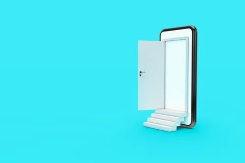 3D Rendering Open Door from Smart Phone Screen with Stairs on Colored Backgro Stock Photos