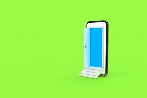 3D Rendering Open Door from Smart Phone Screen with Stairs on Colored Backgro Stock Photos
