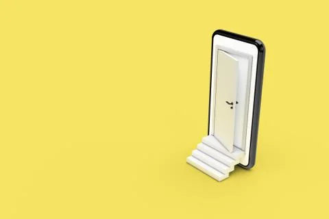 3D Rendering Open Door from Smart Phone Screen with Stairs on Colored Backgro Stock Photos