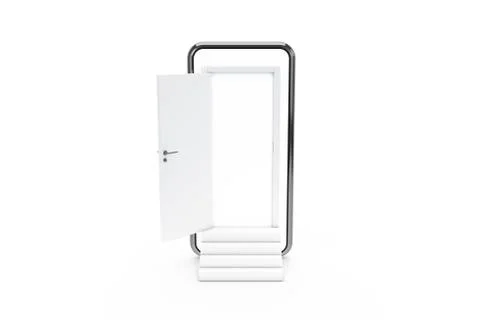 3D Rendering Open Door from Smart Phone Screen with Stairs Stock Photos
