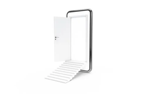 3D Rendering Open Door from Smart Phone Screen with Stairs Stock Photos
