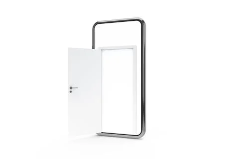 3D Rendering Open Door from Smart Phone Screen Stock Photos