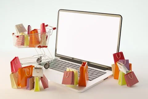3d rendering of open laptop mockup with colorful shopping bags and cart Stock Illustration