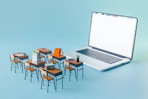 3d rendering of open laptop with white screen near empty wooden chairs and bo イラスト素材