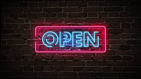 3D Rendering Open Neon Sign with a Brick Wall Background 库存影片 130877099