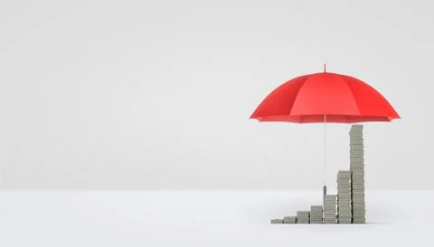 3d rendering of an open red umbrella on white background covering several stacks Stock Illustration