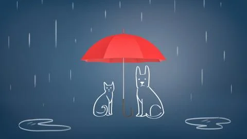 3d rendering of a open red umbrella covering chalk drawn cat and dog from rain Stock Illustration