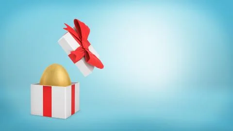 3d rendering of an open white gift box with a red ribbon bow holds a golden egg Stock Illustration