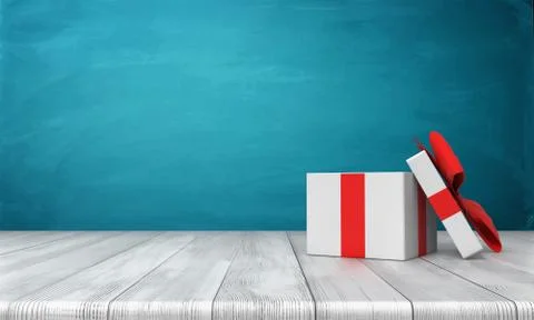 3d rendering of a open white gift box with a red bow standing on a wooden desk Stock Illustration
