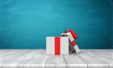 3d rendering of a open white gift box with a red bow standing on a wooden desk Stock Illustration