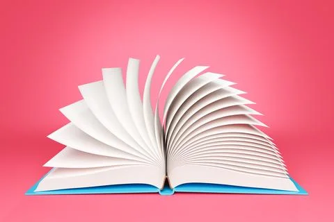 3D rendering of opened book with blank pages in blue studio Stock Illustration