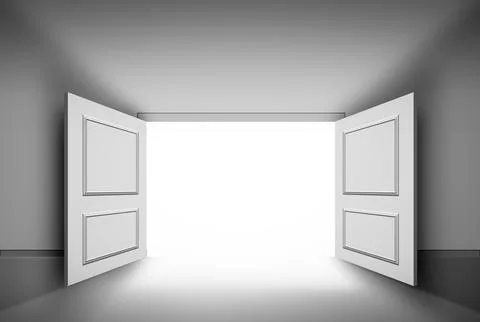 3D rendering in opened door with bright light on empty white wall background Illustrazione stock