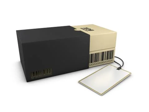 3d rendering of Opened Golden Black Box and Label Mockup, isolated white Stock Illustration
