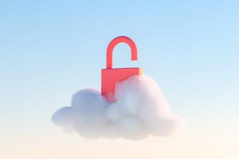 3D rendering of opened lock in fluffy cloud. Cloud security concept Stock Illustration
