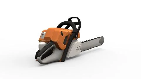 3d rendering of an orange chainsaw isolated in a white studio background Stock Photos