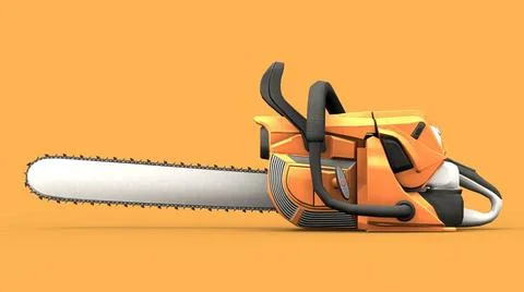 3d rendering of an orange chainsaw isolated in a orange studio background ... Stockfoto's