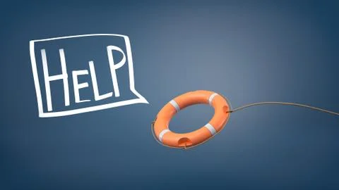 3d rendering of a orange life buoy thrown on a rope near a white speech bubble Stock Illustration