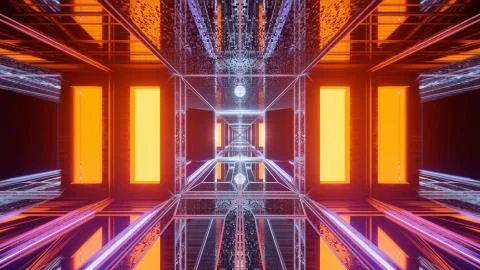A 3D rendering of orange lights shaping rectangles and a cube in the center - Illustrazione stock