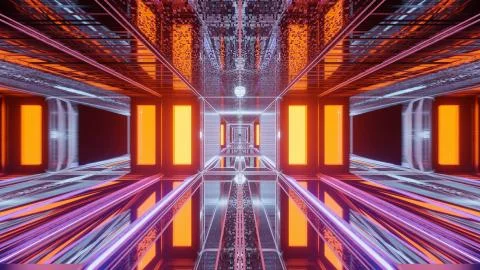 A 3D rendering of orange lights shaping rectangles and a cube in the center - Stock Illustration