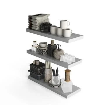 3d rendering of an organized collection of ceramic dishes and cups on white shel Stock Illustration