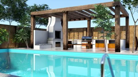 3D Rendering Outdoor Kitchen Stock Illustration